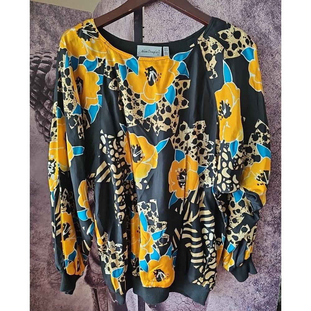 ADAM DOUGLASS Floral Colorful Dolman Sleeve Flowy Blouse Top 100% Silk Size L